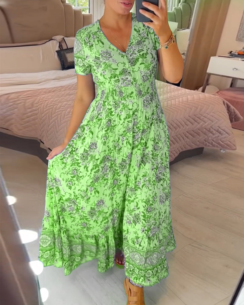 Vestido con cuello en V y estampado floral (💃Oferta especial - 48% de descuento🔥 Envío gratis)