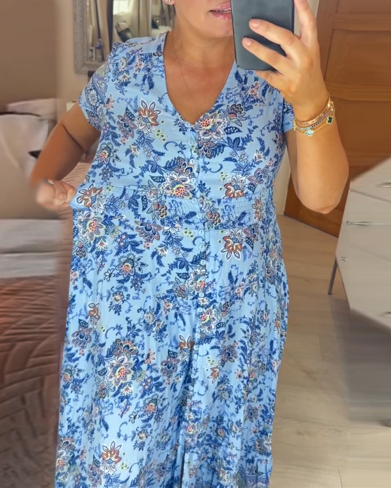 Vestido con cuello en V y estampado floral (💃Oferta especial - 48% de descuento🔥 Envío gratis)