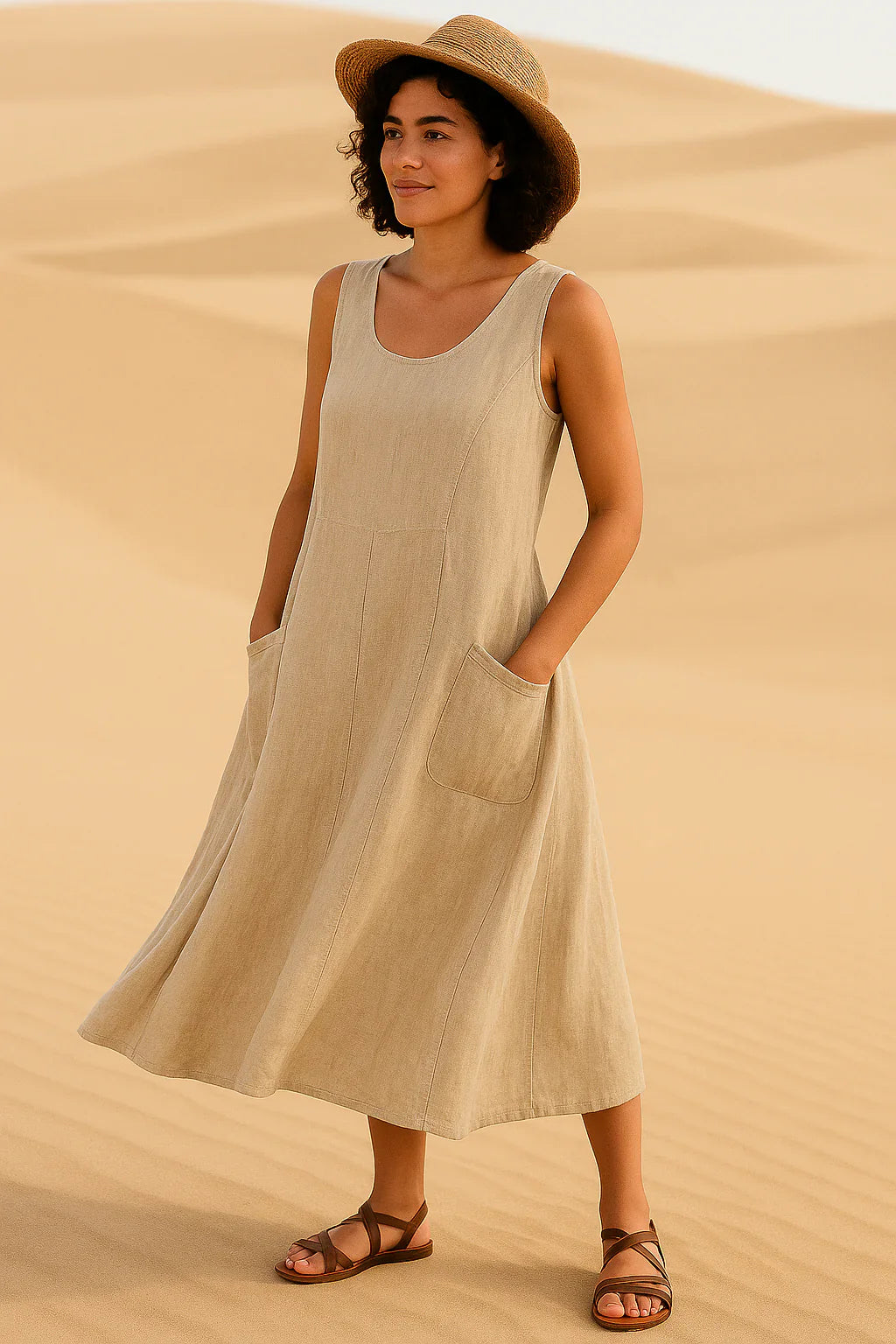 Vestido midi sin mangas con bolsillos delanteros