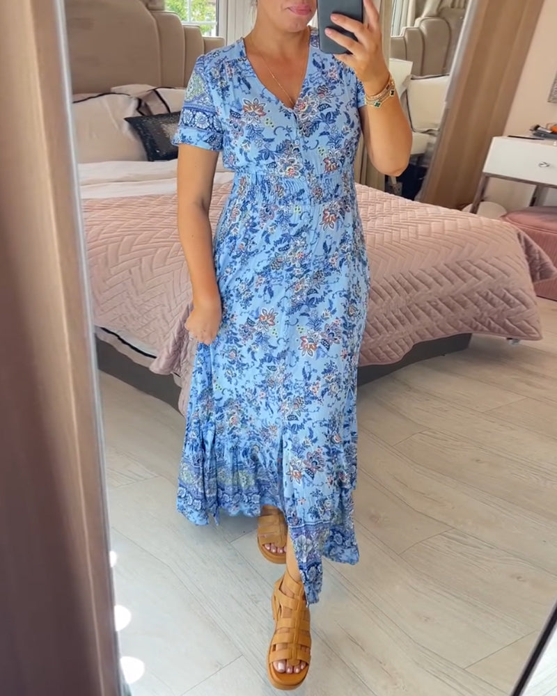 Vestido con cuello en V y estampado floral (💃Oferta especial - 48% de descuento🔥 Envío gratis)