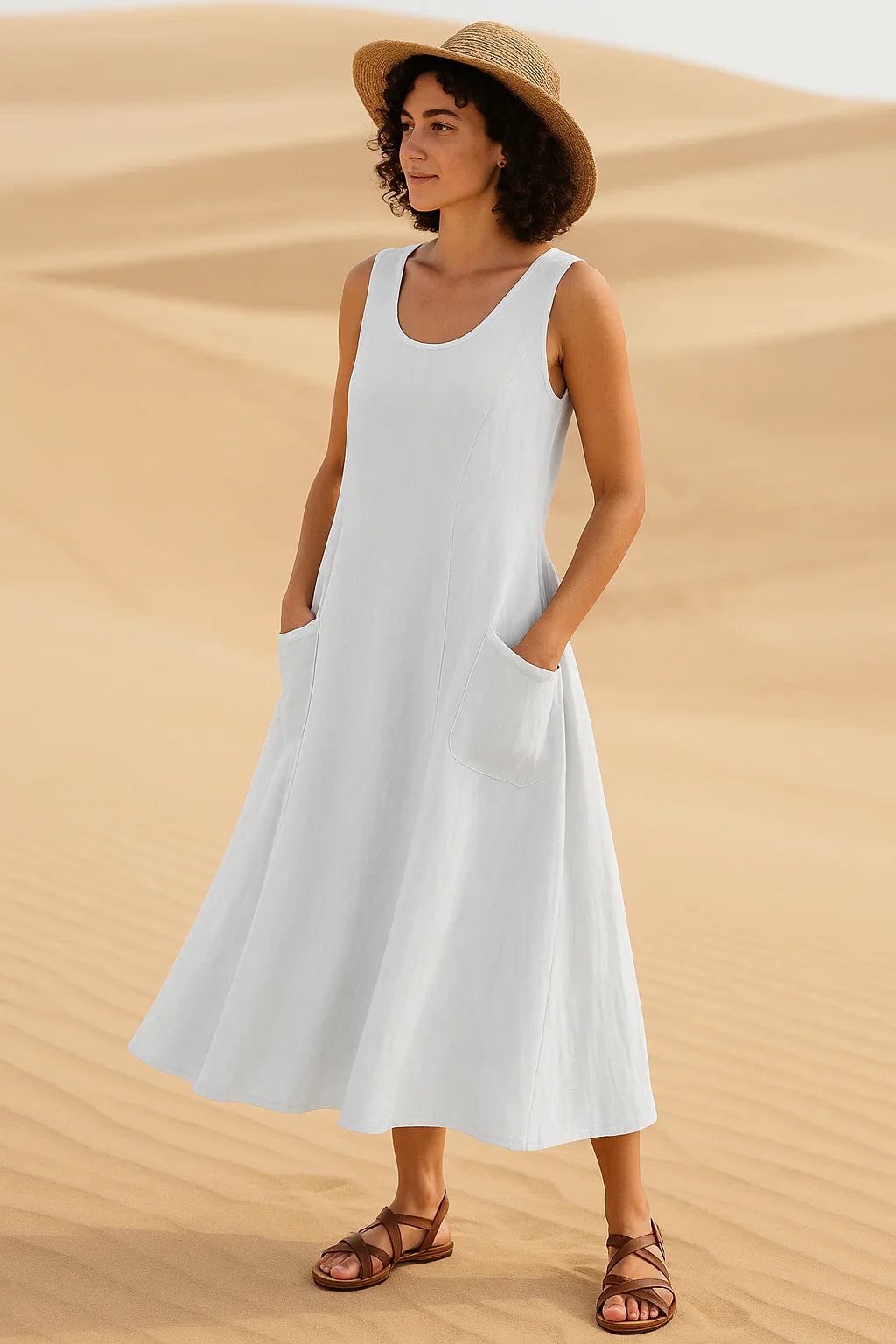 Vestido midi sin mangas con bolsillos delanteros