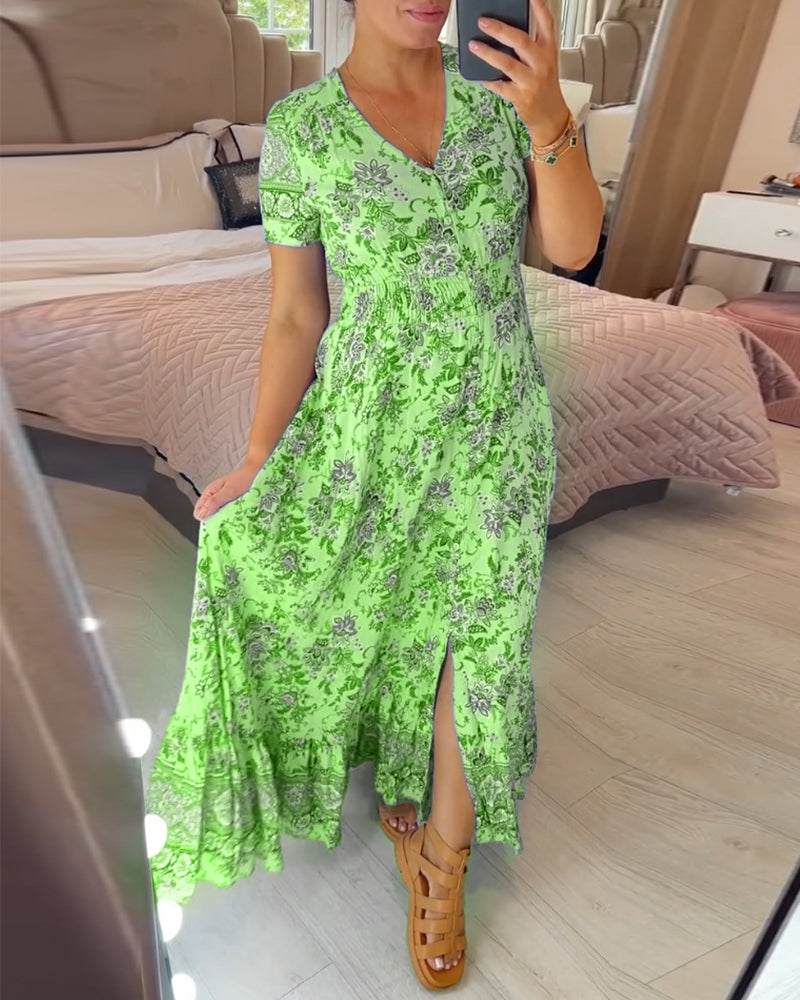 Vestido con cuello en V y estampado floral (💃Oferta especial - 48% de descuento🔥 Envío gratis)