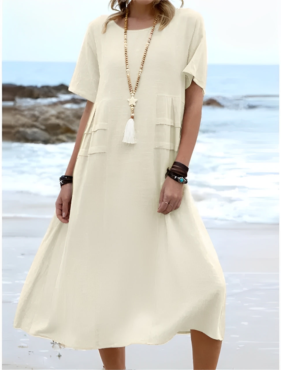 Vestido de mujer de cuello redondo de lino y algodón